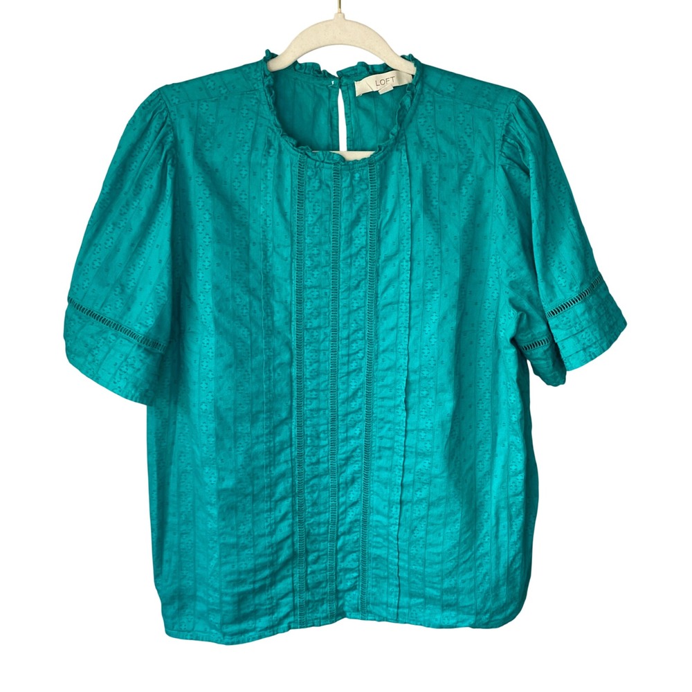 LOFT Womens‎ Teal Dobby Ladder Lace Ruffle Neck Puff Sleeve Blouse Size L